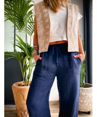 PANTALON EN LIN BLEU- MARINA