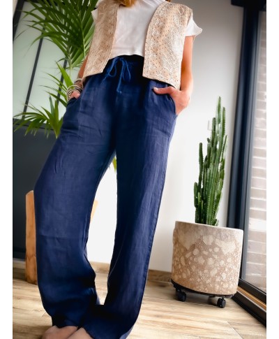 PANTALON EN LIN BLEU- MARINA