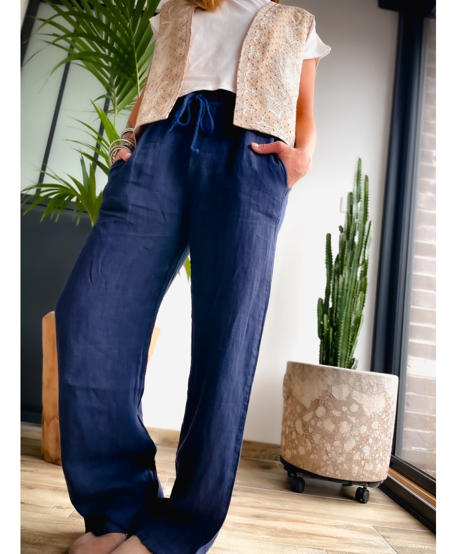 PANTALON EN LIN BLEU- MARINA