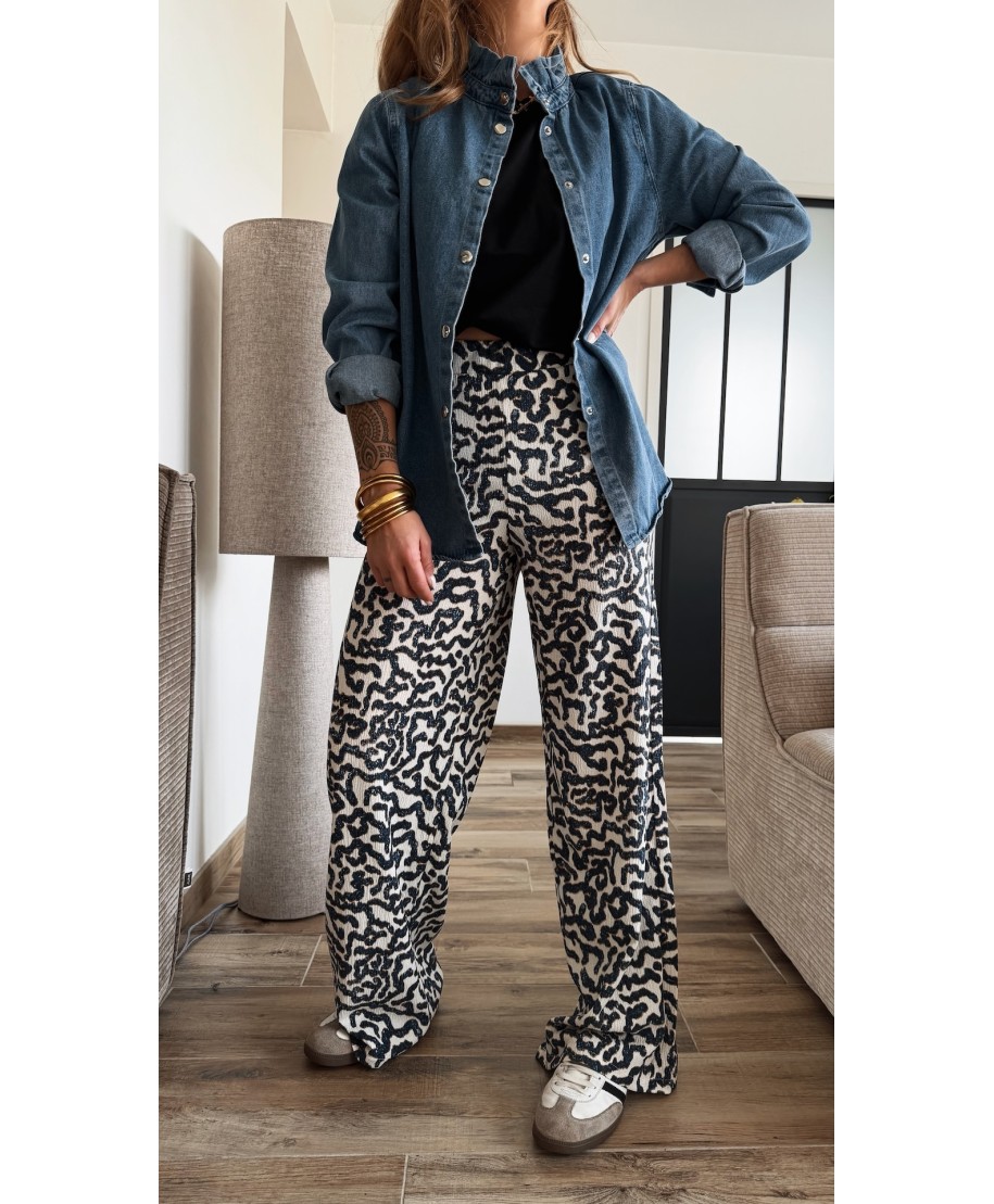PANTALON PALAZZO MARINE NOIR LEOPARD