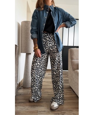 PANTALON PALAZZO MARINE NOIR LEOPARD