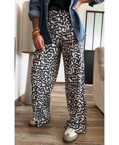 PANTALON PALAZZO MARINE NOIR LEOPARD