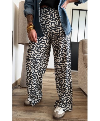 PANTALON PALAZZO MARINE NOIR LEOPARD